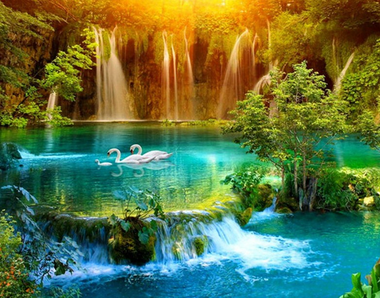 Beautiful Waterfall & Swans Family Diamond Painting