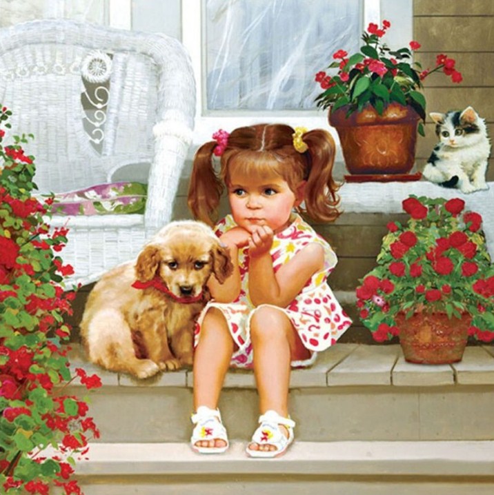Girl with her Puppy & Kitten Diamond Painting