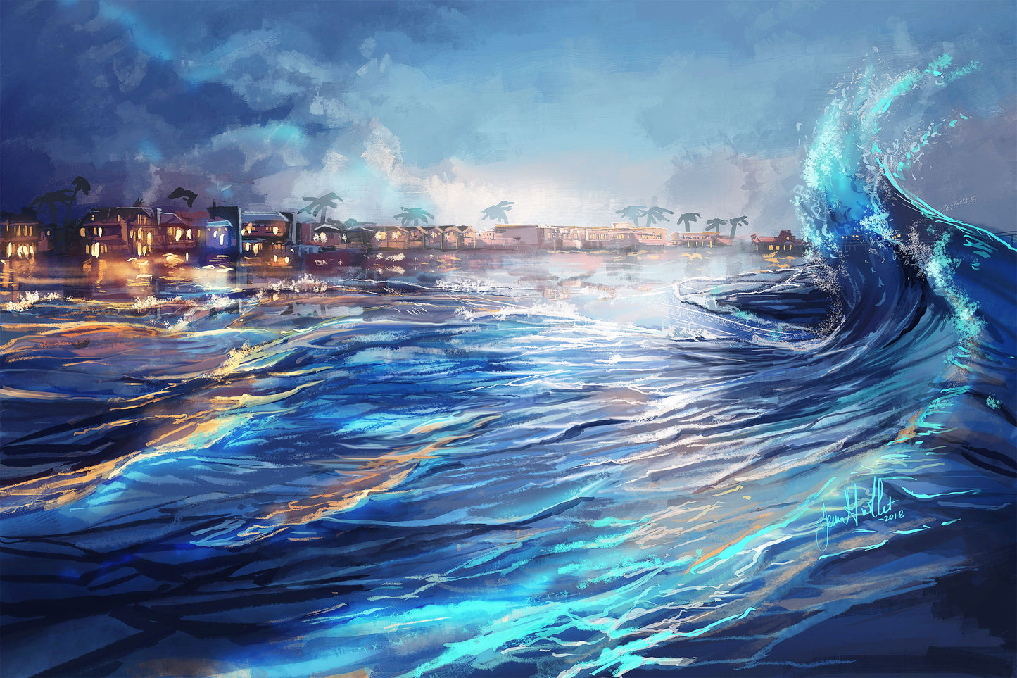 Night view of City on sea shore