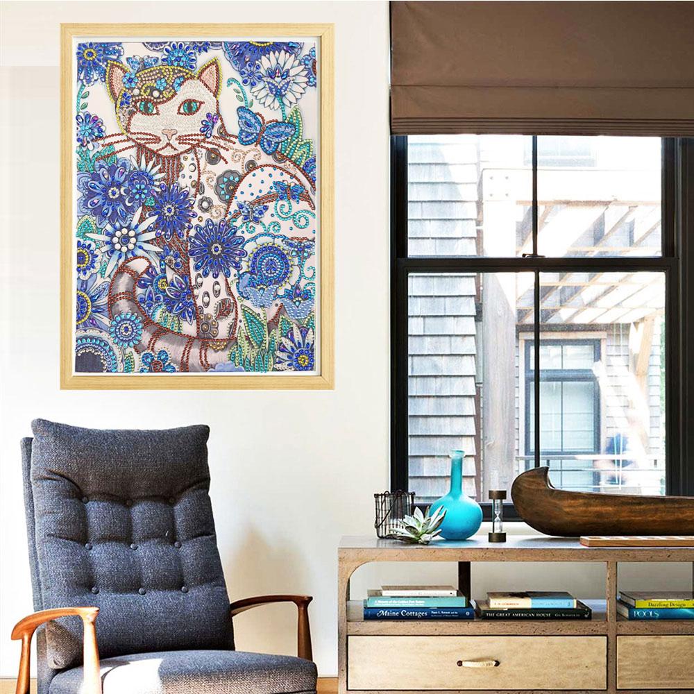 Kat Met blauwe bloem - speciaal diamond painting