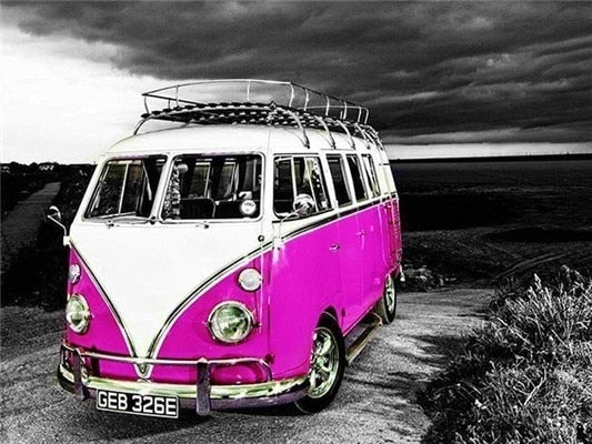 Roze & Witte Volkswagen minibus -DIY diamond painting set