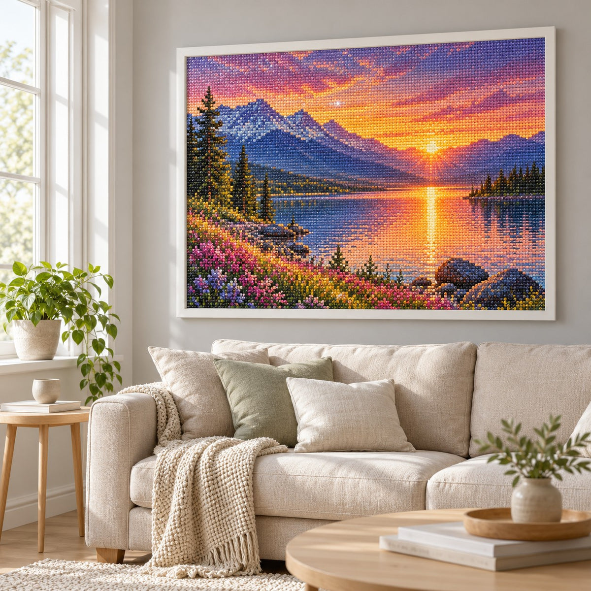 Ingelijste diamond painting aan de muur in de woonkamer