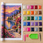 Inhoud van de diamond painting kit met canvas, steentjes, pen en wax