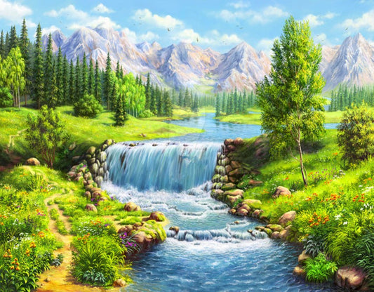 Beautiful Mountains & Flowing Water Stream Diamond Painting