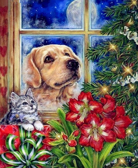 Dog, Cat & Christmas Tree Diamond Painting
