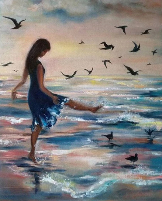 Girl & Birds on the Beach Diamond Painting