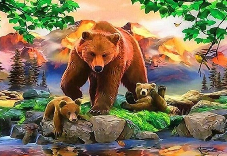 Grizzly Bear with Two Cubs Diamond Painting