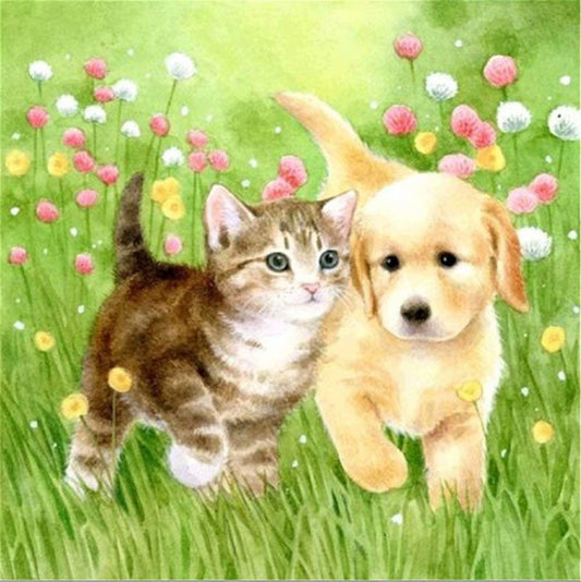 Kitten & Puppy in Garden Diamond Painting