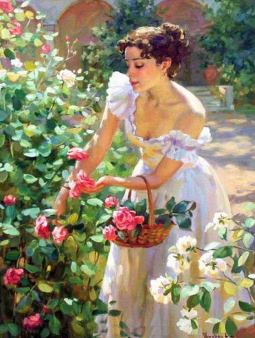 Lady Picking Roses Diamond Painting