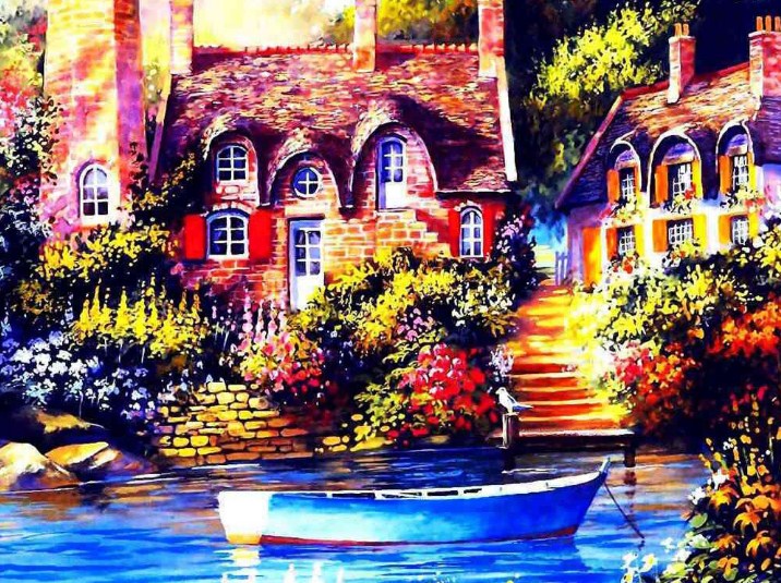 Lake Front House & Boat Diamond Painting