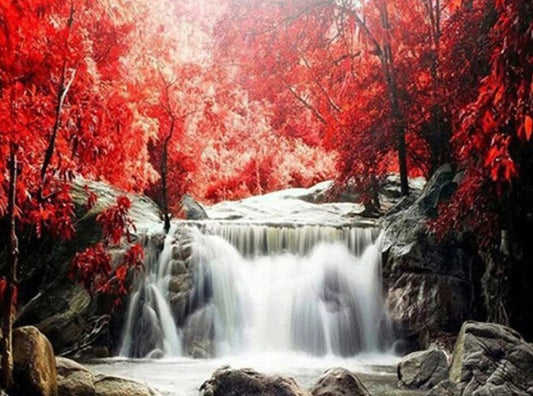 Red Trees & Waterfall Paint by Diamonds