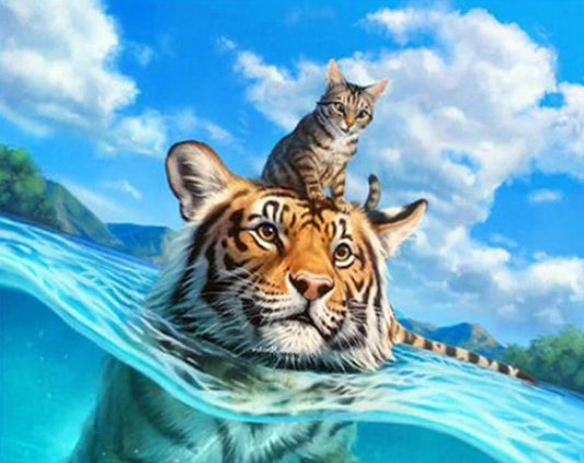 Swimming Tiger & Cat Diamond Painting