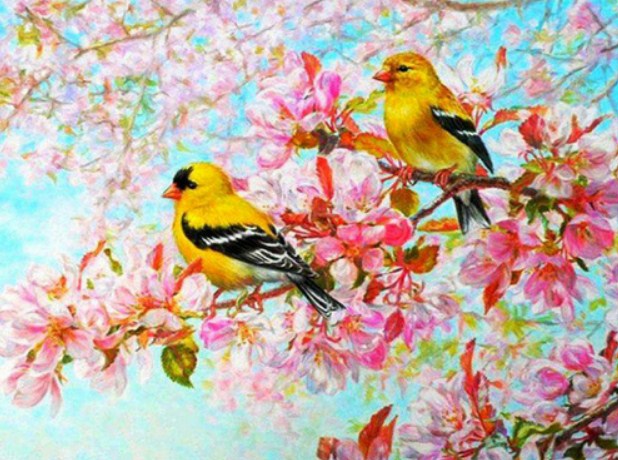 Yellow Birds & Pink Blossoms Diamond Painting
