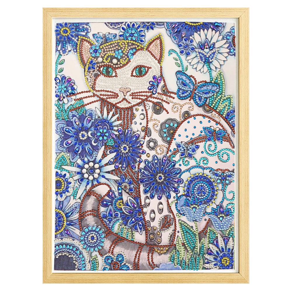 Kat Met blauwe bloem - speciaal diamond painting
