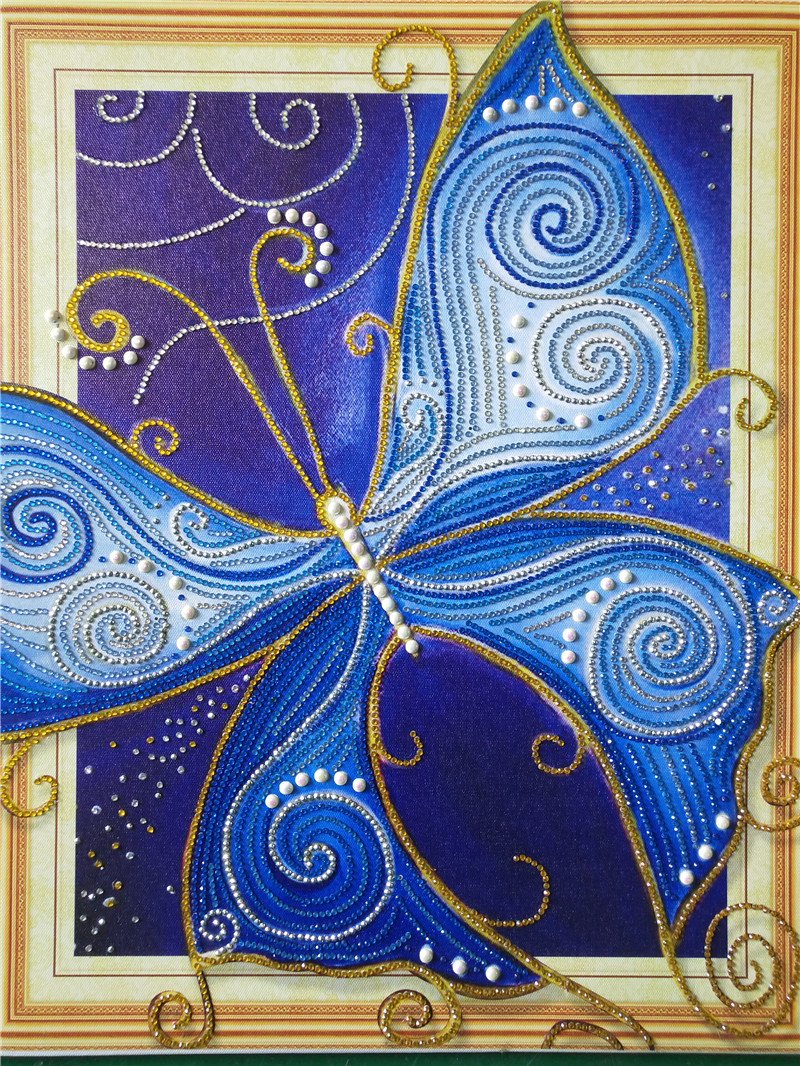 Blauwe glanzende vlinderKunst - speciaal diamond painting